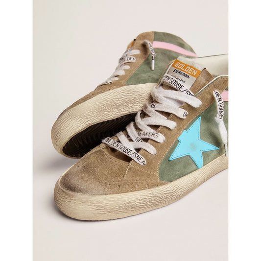 Golden Goose Mid Star Green Tan Suede Blue Star Lace Up Sneakers Womens 39 / 9