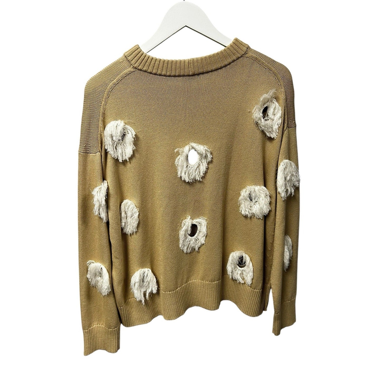 Lafayette 148 Plaster Tan White Fringe Trim Cutout Sweater Womens Medium