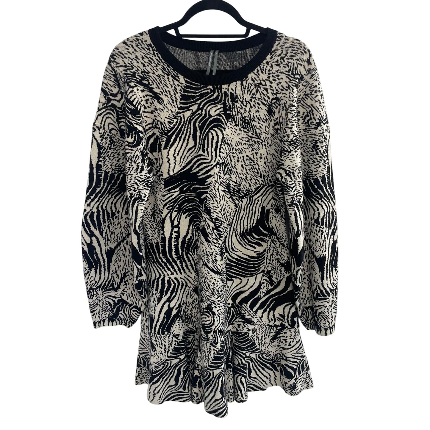 Anthropologie Slim Ruffle Knit Mini Sweater Dress Black Beige Animal Print Large