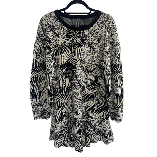 Anthropologie Slim Ruffle Knit Mini Sweater Dress Black Beige Animal Print Large