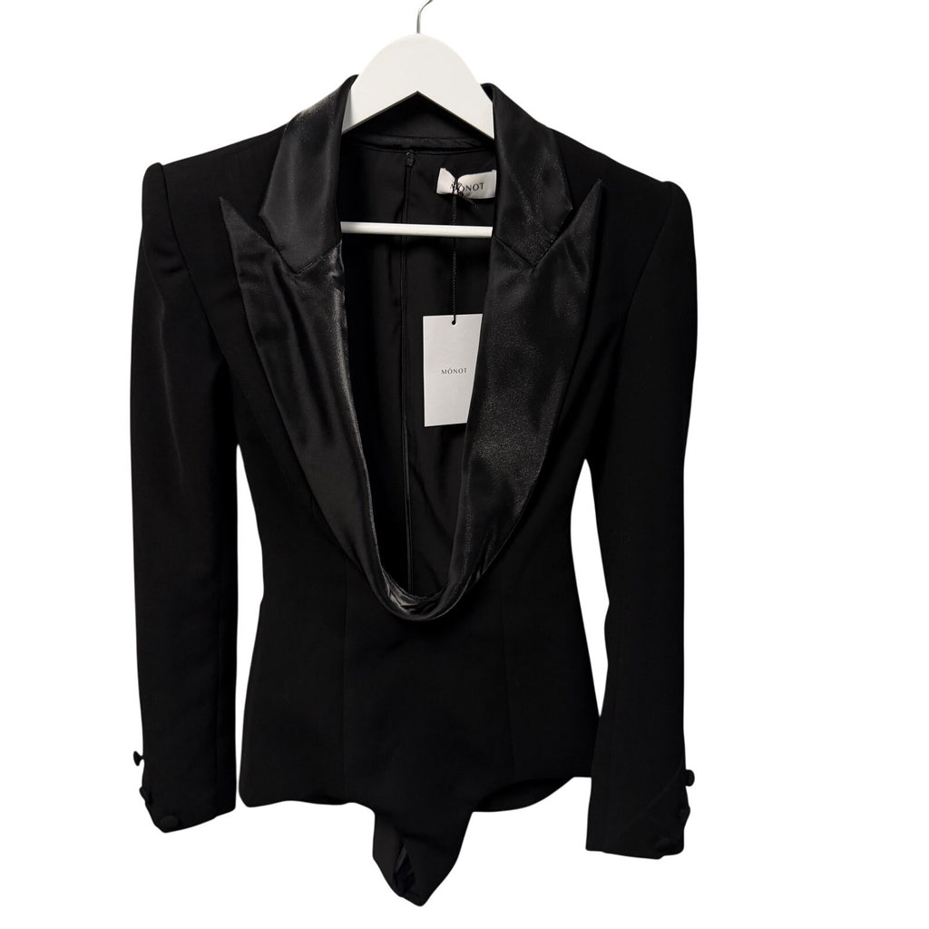 NWT Monot Tuxedo Playsuit Romper Lamé Trim Black Crepe Womens IT 36 / US 0