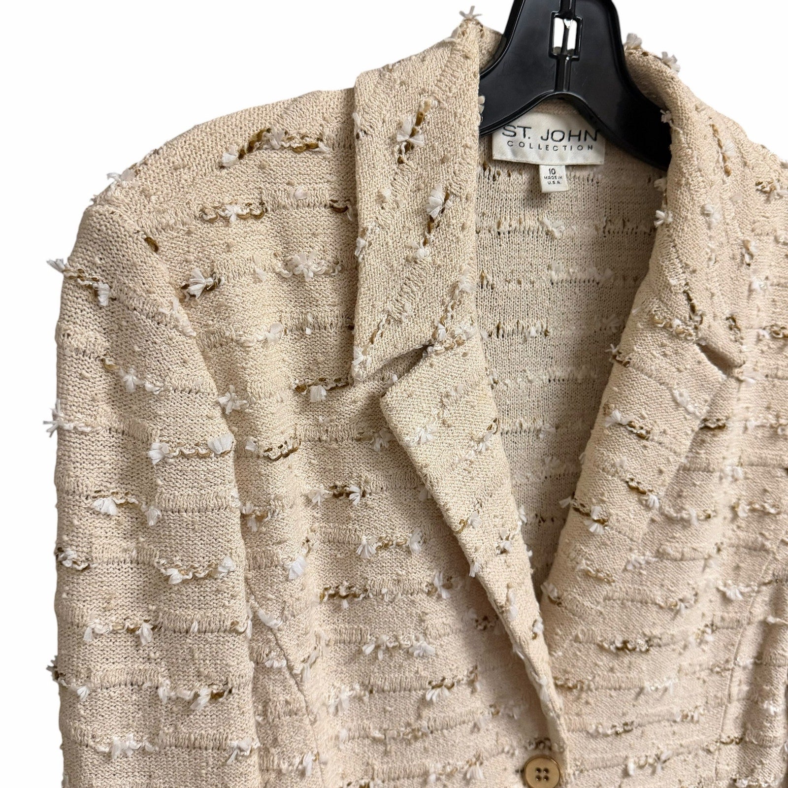 St. John Collection Neutral Tweed Boucle Knit Button Front Blazer Jacket Size 10