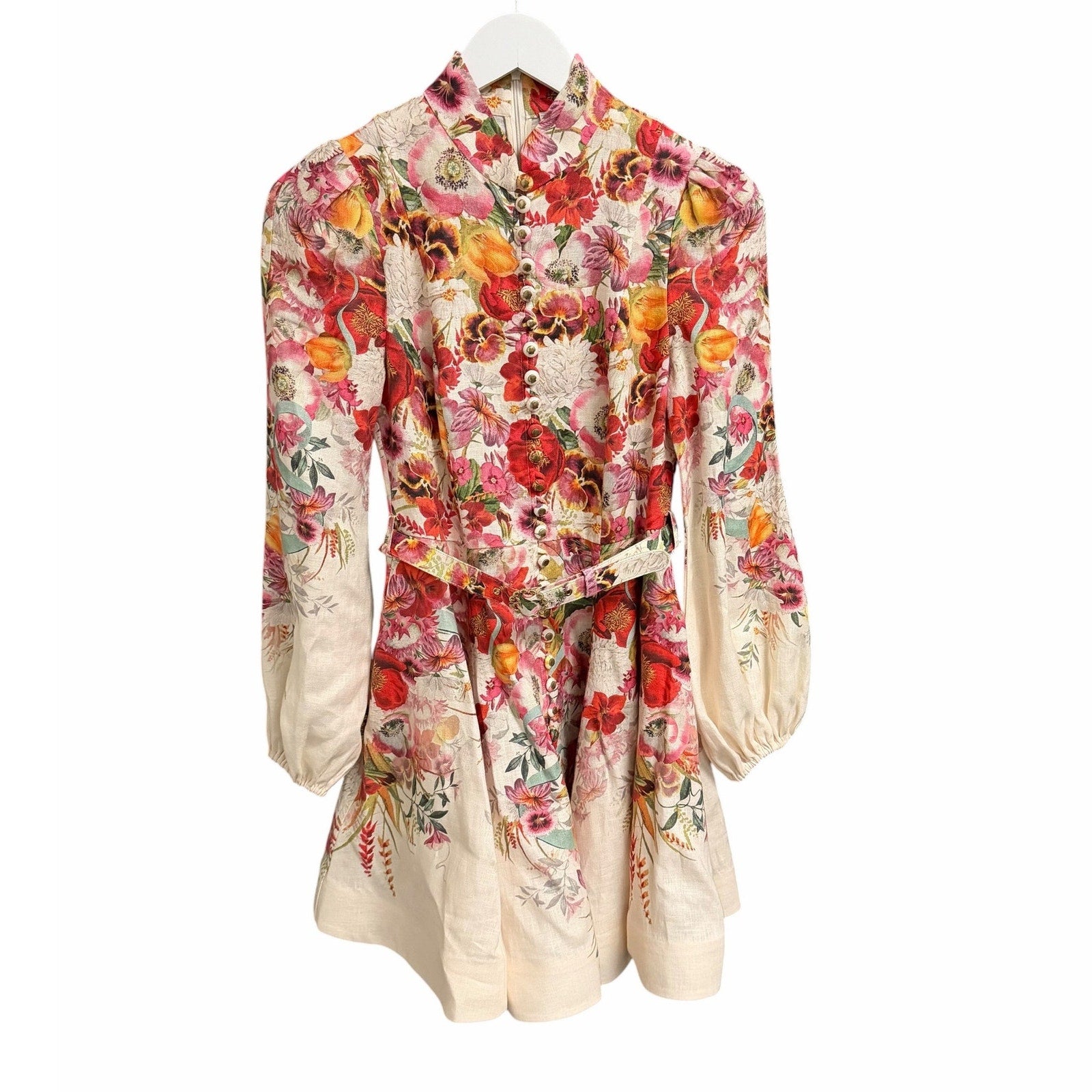Zimmermann Wonderland Belted Floral Print Linen Mini Dress Size AU 0 / US 4