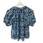 Apiece Apart Lumina Popover Blouse Organic Cotton Batik Floral Indigo Print XS
