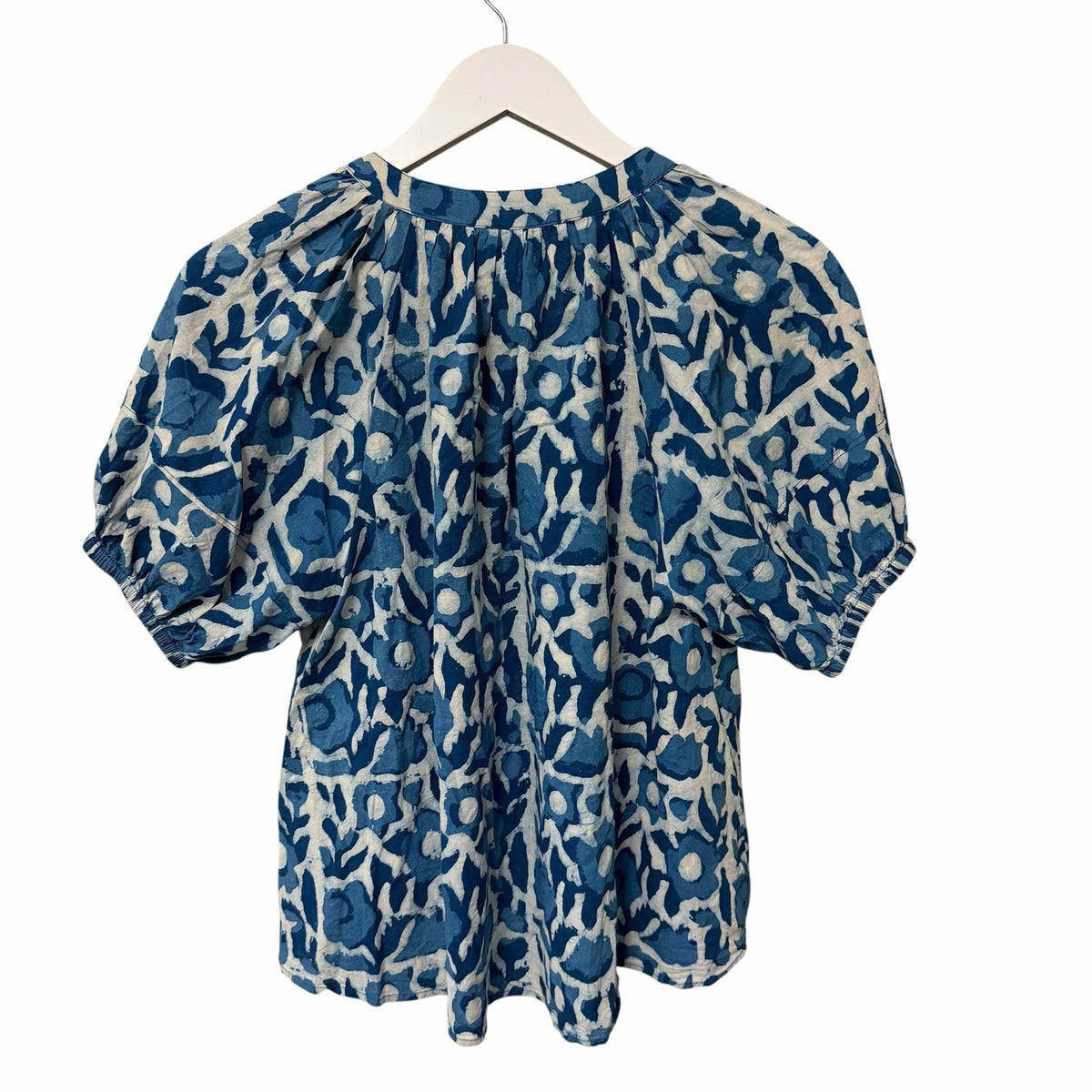 Apiece Apart Lumina Popover Blouse Organic Cotton Batik Floral Indigo Print XS