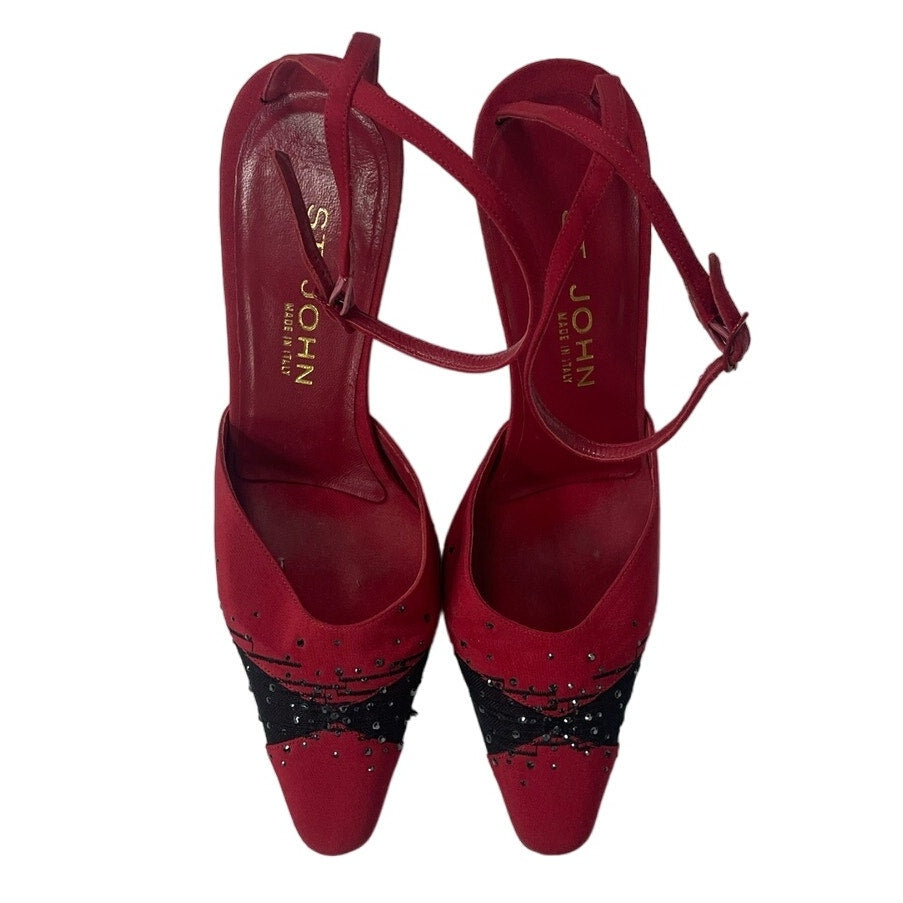 St. John Red Black Beaded Lace Ankle Strap Closed Toe Heels Womens 6.5