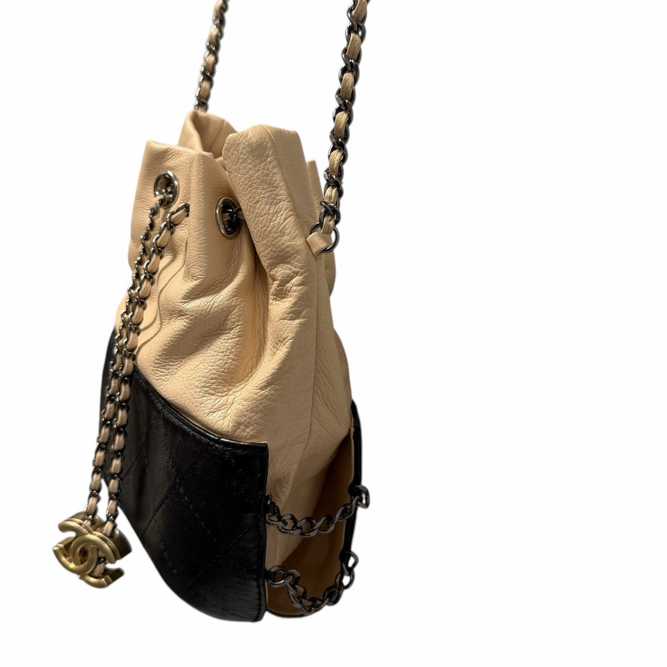 Chanel Gabrielle Bucket Bag Beige Black Quilted Leather CC Logo Chain Link Strap