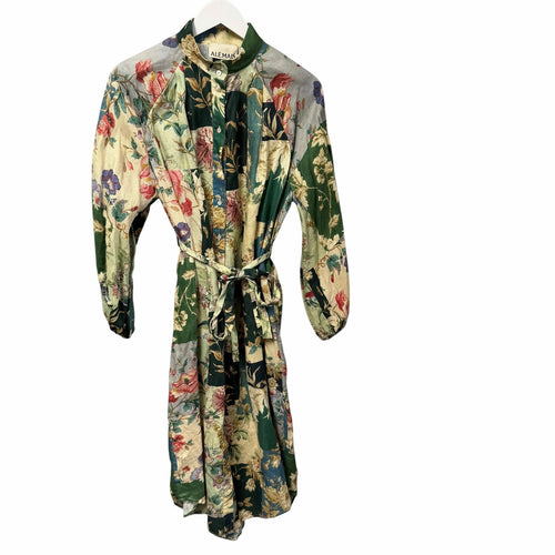 Alemais Loretta Patchwork Dress Green Multi Floral Pure Linen Size AU 12 / US 8