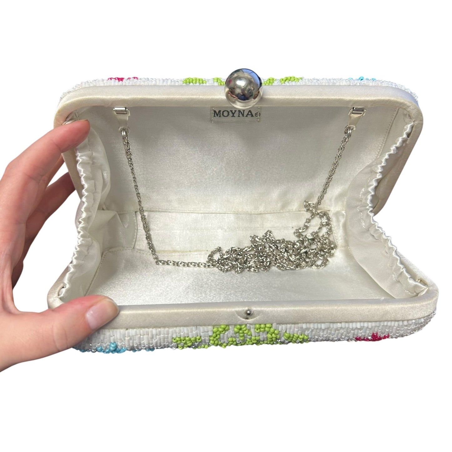 Moyna White Multicolor Printed Beaded Box Clutch / Crossbody Evening Bag