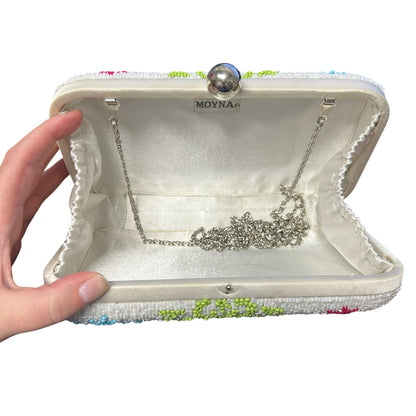 Moyna White Multicolor Printed Beaded Box Clutch / Crossbody Evening Bag
