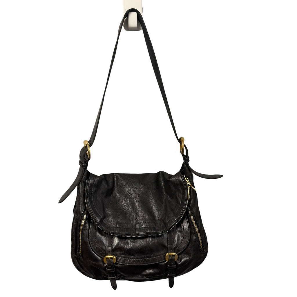 Alexander McQueen Black Leather Front Flap Messenger Handbag Gold Toned Hardware