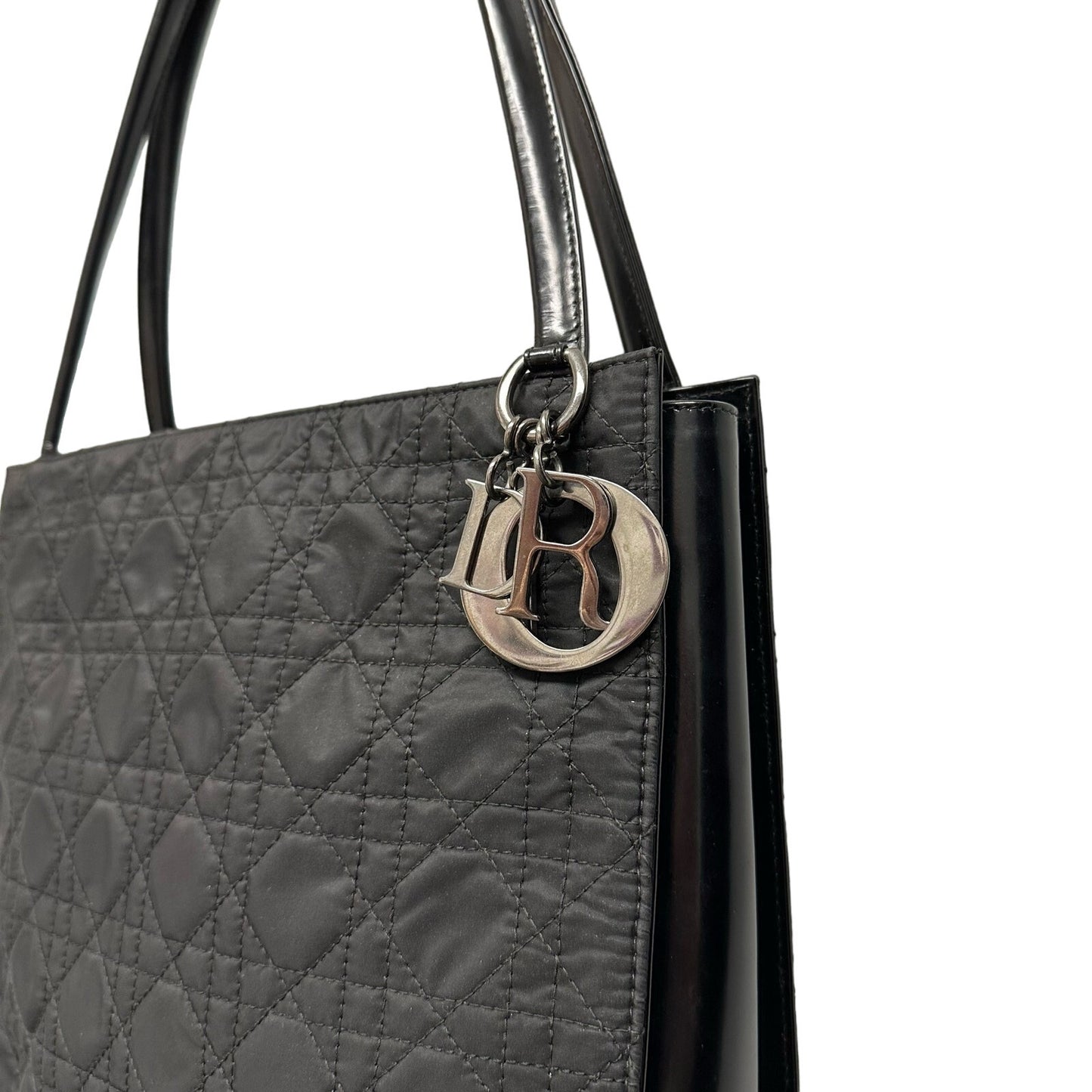 Vintage Christian Dior Cannage Double Handle Quilted Leather Trim Handbag Black