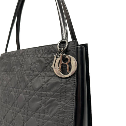 Vintage Christian Dior Cannage Double Handle Quilted Leather Trim Handbag Black