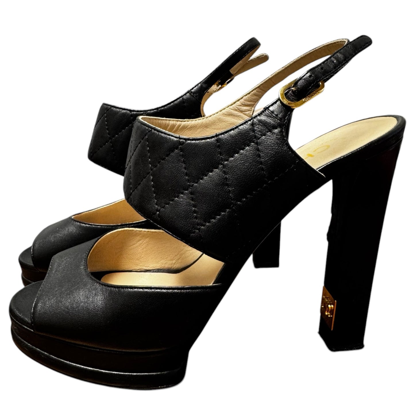Chanel Black Black Quilted Detail Leather CC Platform Sandals Womens 9.5 AS IS