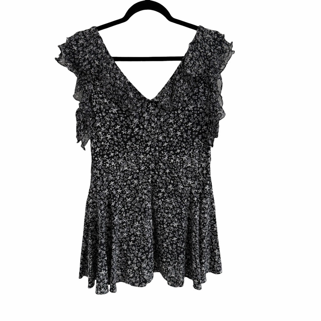 LoveShackFancy Pure Silk Black White Star Print Ruffled Mini Dress Womens 10