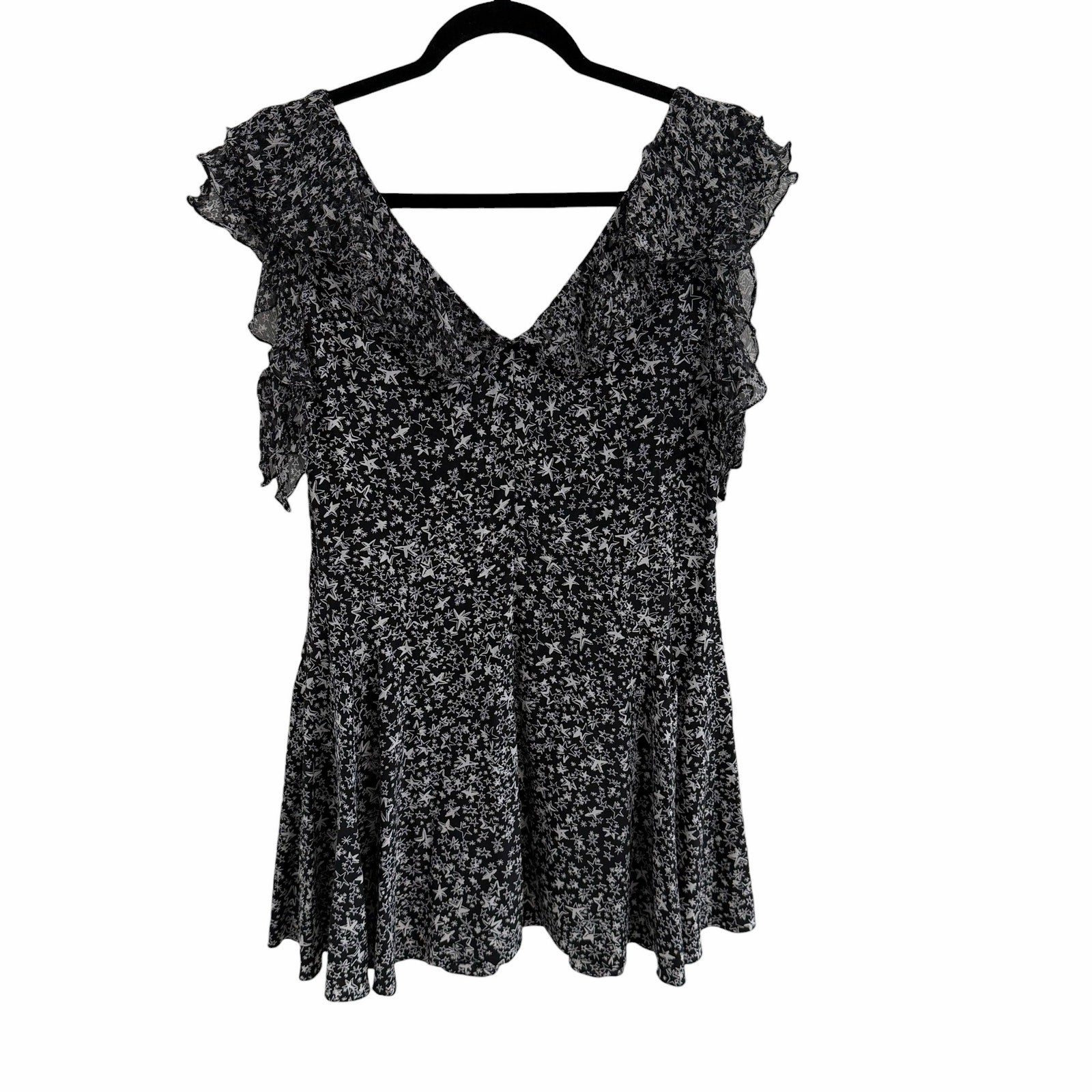 LoveShackFancy Pure Silk Black White Star Print Ruffled Mini Dress Womens 10
