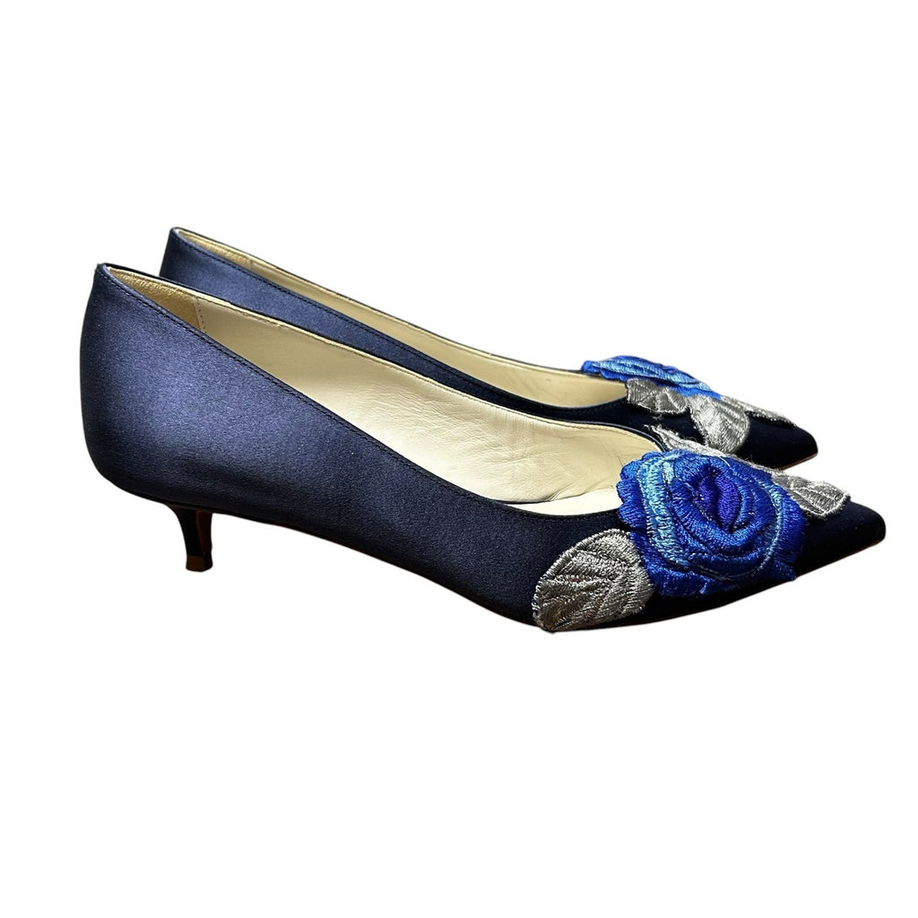Something Bleu Navy Satin Bo Pointed Toe Floral Applique Kitten Heels Womens 6