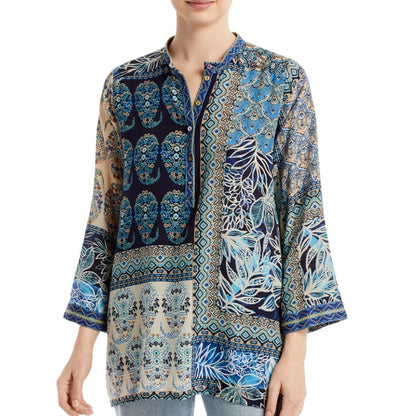 Johnny Was Blue Cream Carly Jessa 100% Silk Printed Tunic Top Womens Size Large