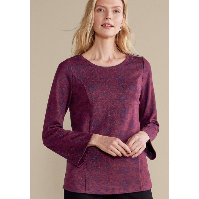 Soft Surroundings Red Navy Floral Print Jeri Jacquard Metallic Top Womens XL