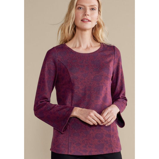 Soft Surroundings Red Navy Floral Print Jeri Jacquard Metallic Top Womens XL