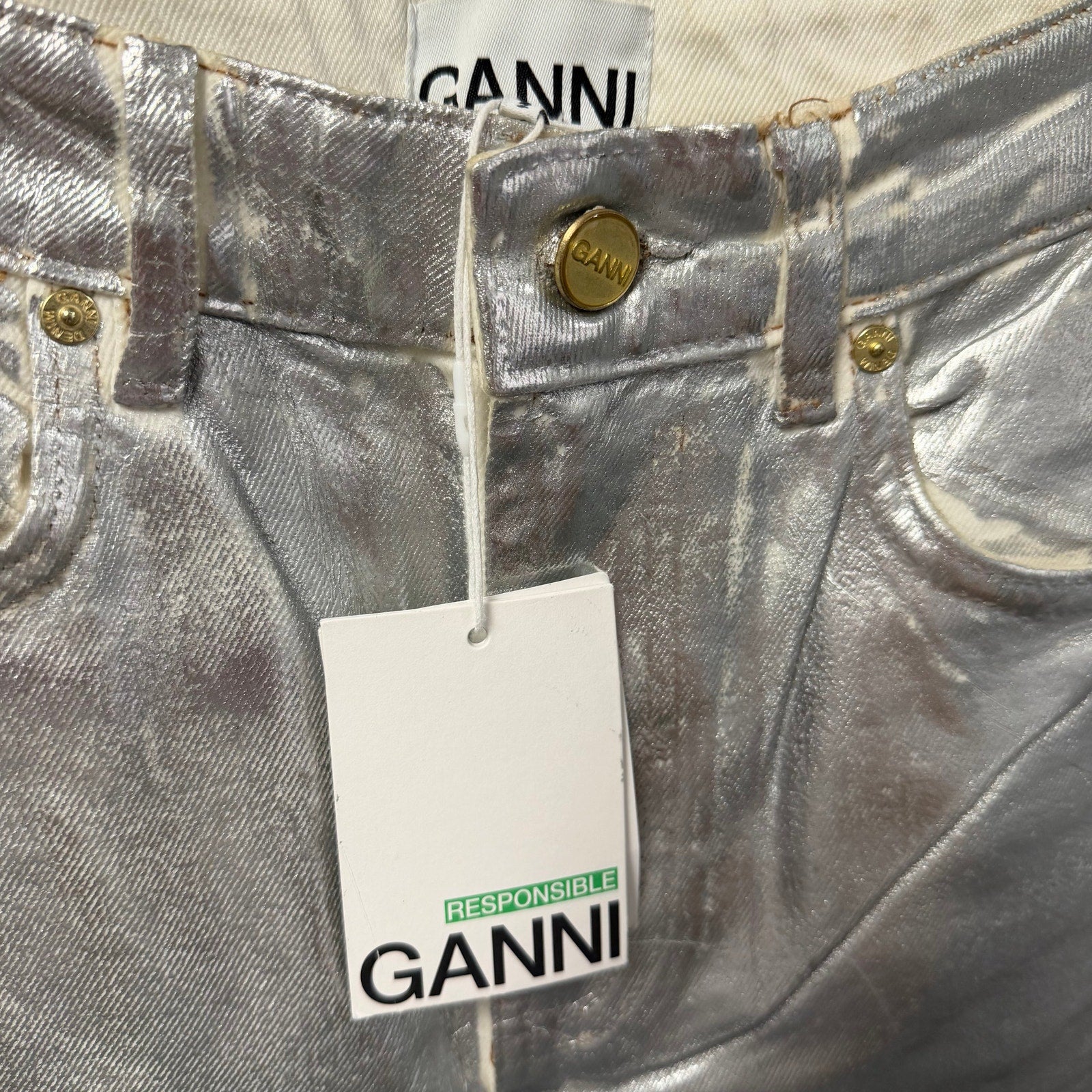 NWT Ganni Foil Denim Stary Pant in Bright White Metallic Silver Womens 25