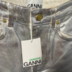 NWT Ganni Foil Denim Stary Pant Bright White Metallic Silver Size 25 Retro Party