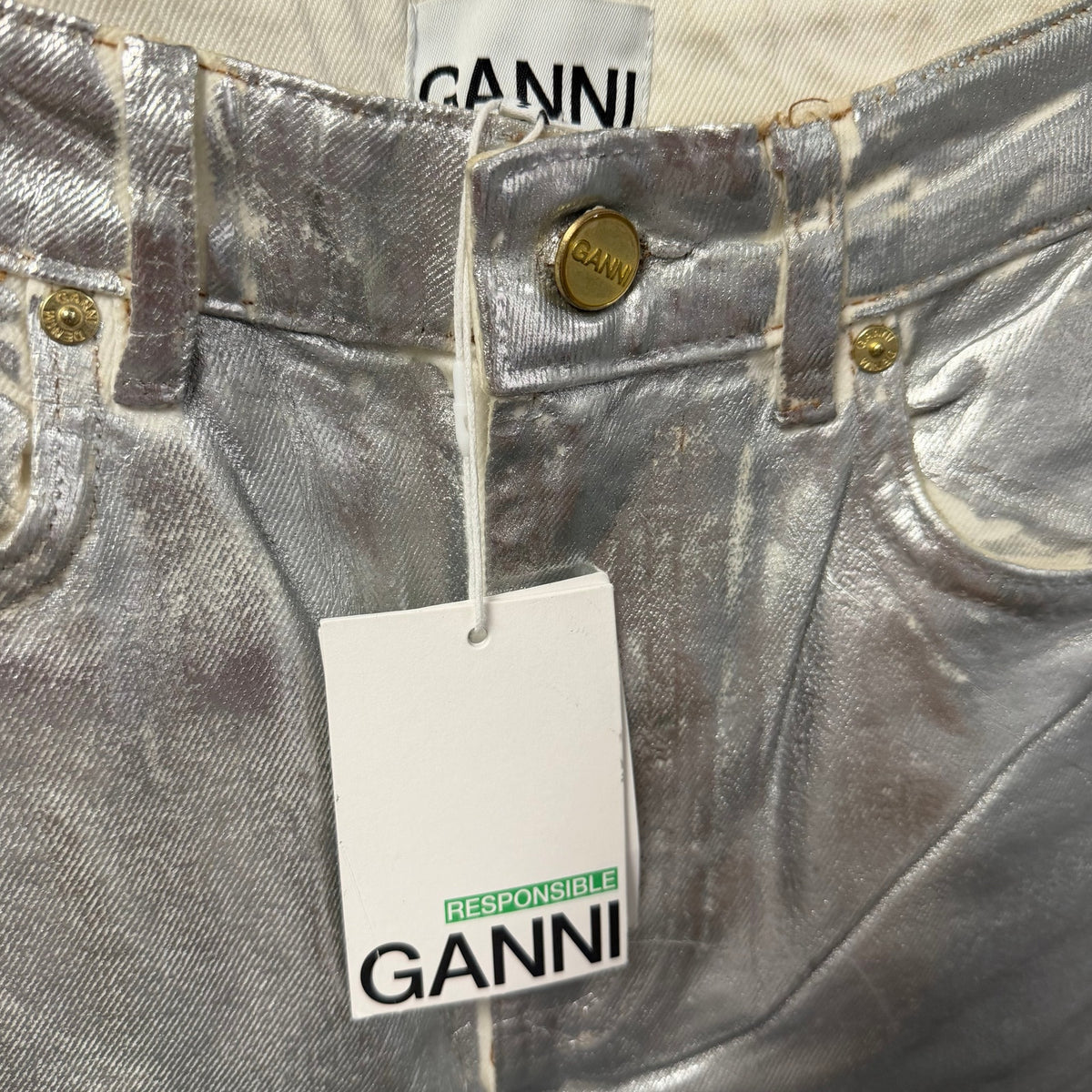 NWT Ganni Foil Denim Stary Pant Bright White Metallic Silver Size 25 Retro Party