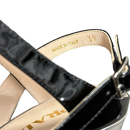 Prada Metallic Silver & Black Slingback Adjustable Wedge Sandal 39 / US 9