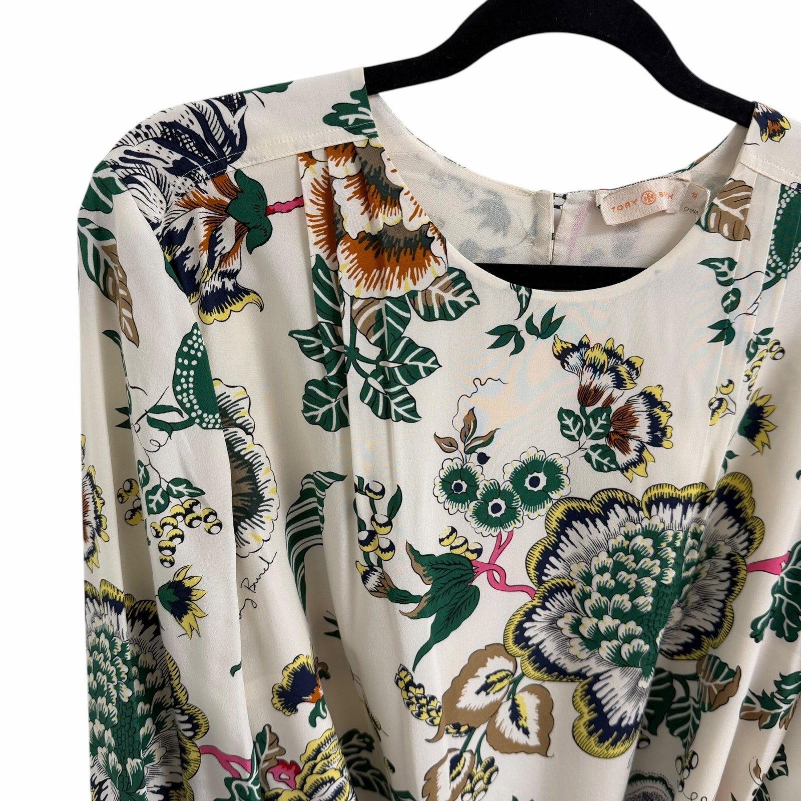 NWT Tory Burch Silk Happy Times Shift Dress Ivory Floral Long Sleeve Womens 12