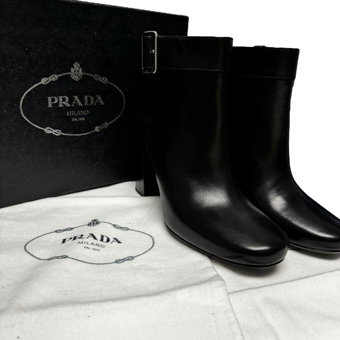 NEW Prada Black Leather Round Toe Platform Ankle Boots Womens 7.5