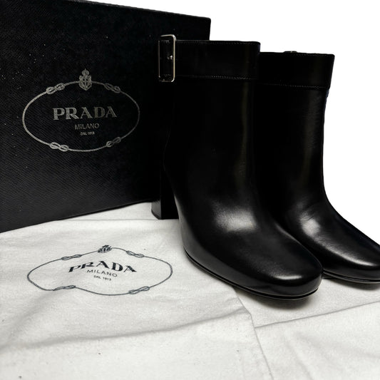 NEW Prada Black Leather Round Toe Platform Ankle Boots Womens 7.5