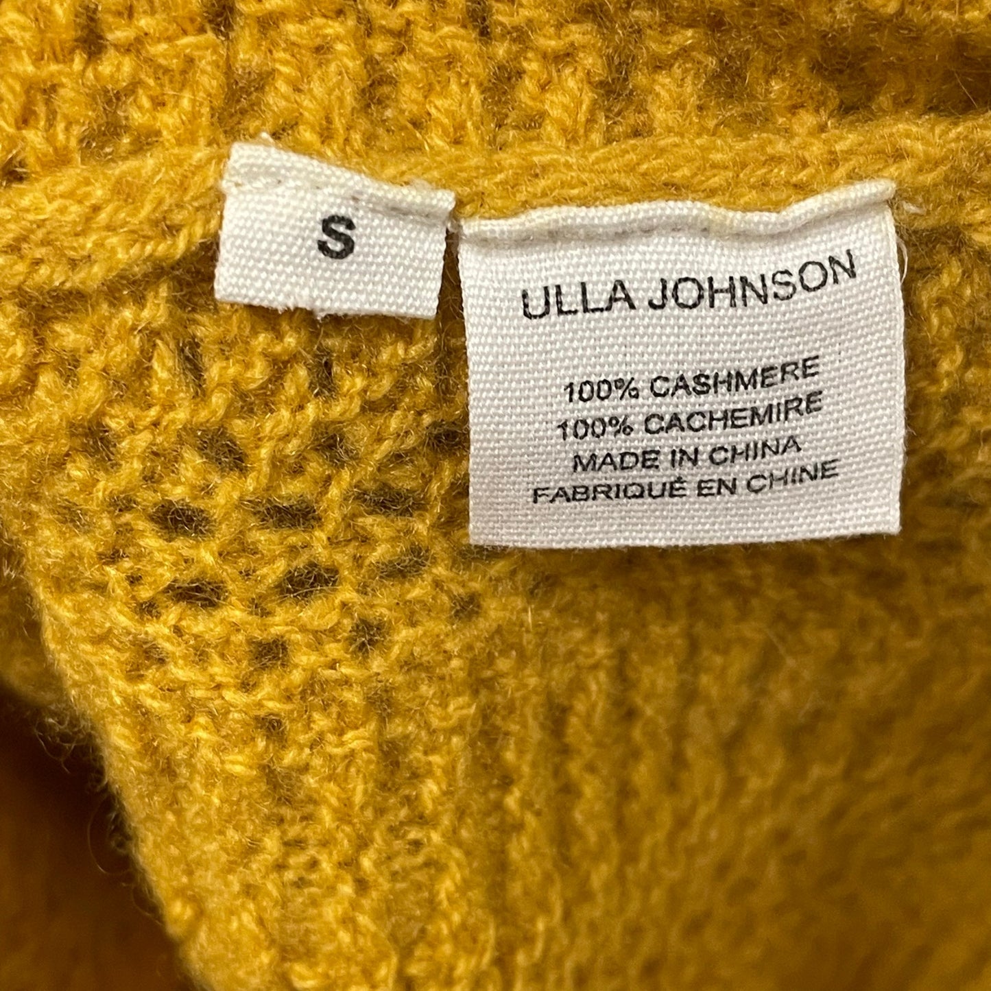 Ulla Johnson Pure Cashmere Ruffle Neck Open Knit Sweater Dark Yellow Size Small