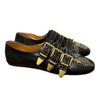 Chloe Susan Black Gold Studded Buckled Round Toe Leather Flats Womens 39 / US 9