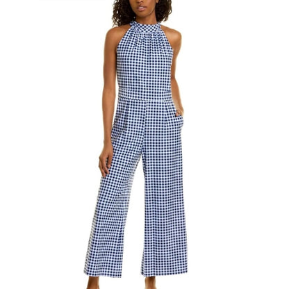 NWT Jude Connelly Gingham Navy White Isabelle Mock Neck Jumpsuit Womens Small