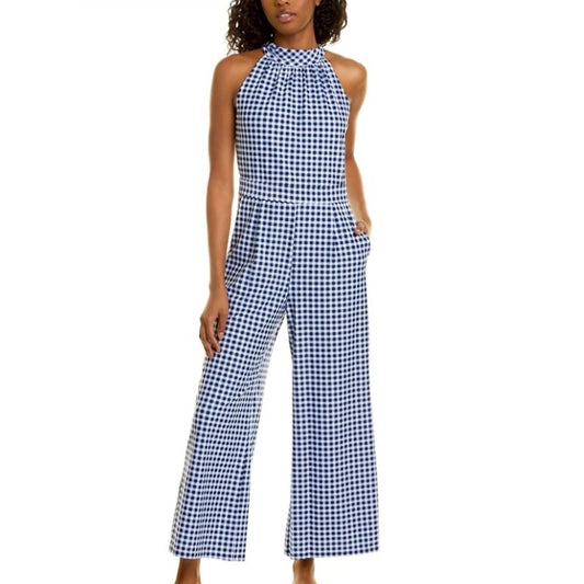 NWT Jude Connelly Gingham Navy White Isabelle Mock Neck Jumpsuit Womens Small