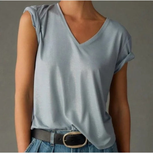 NWT by Anthropologie Sky Blue Shimmer Short Sleeve V Neck Tee Womens XS
