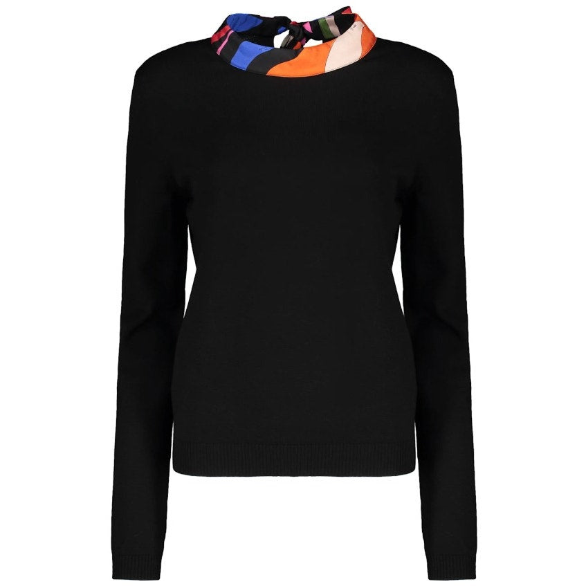 NWT Emilio Pucci Marmo Silk Collar Wool Jumper Sweater Black Tie Back Size Small