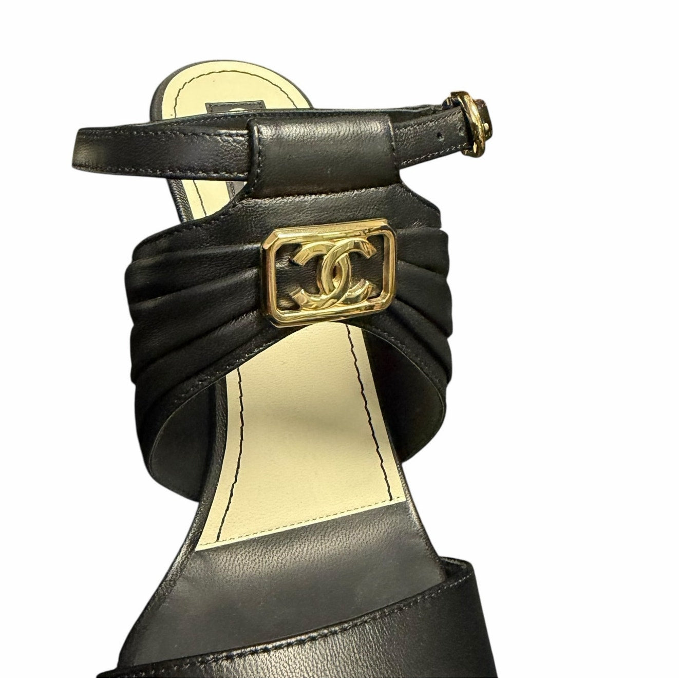 Chanel Black Leather Sandal Heel Gold CC Logo / Heel Caps Womens 39.5 / US 8.5