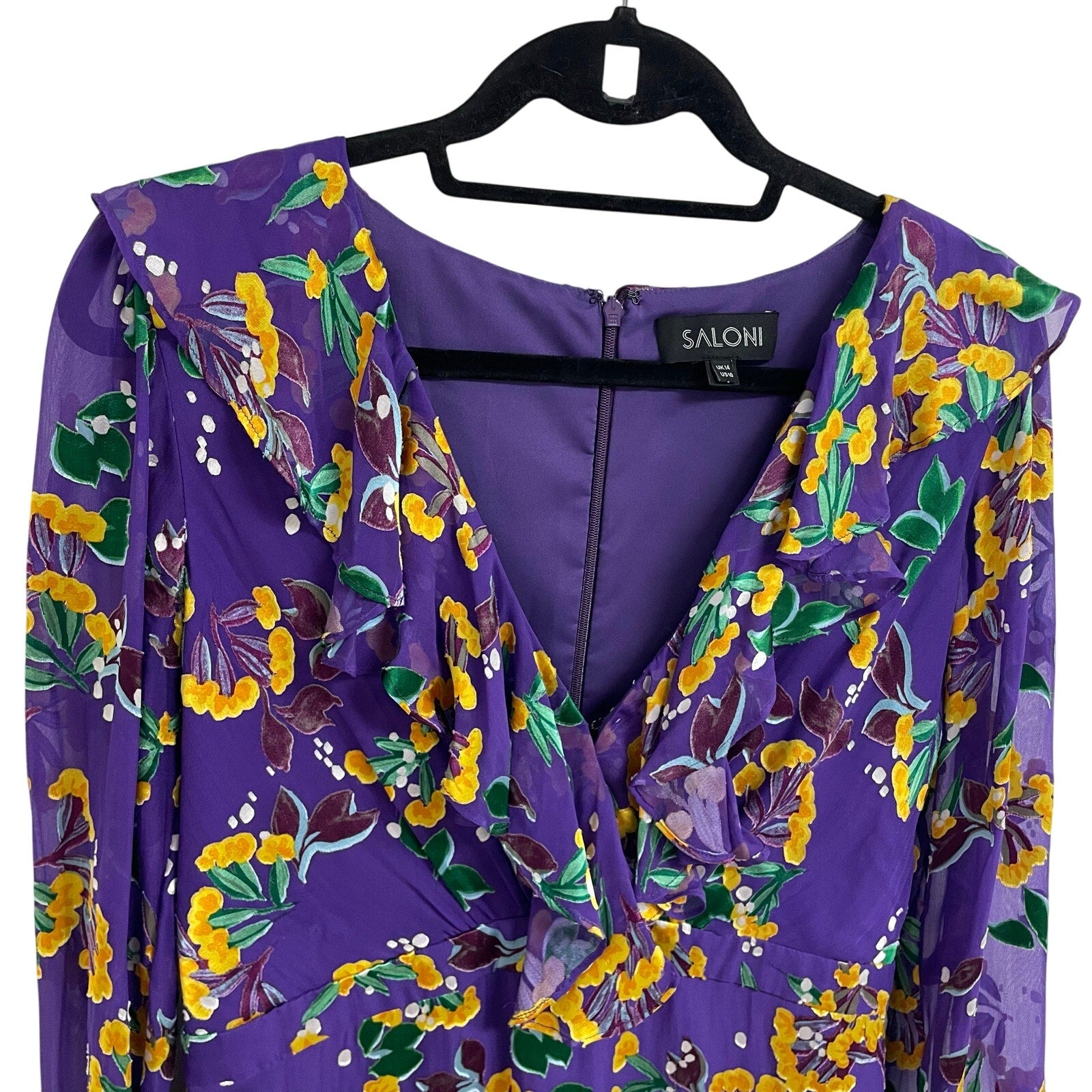 Saloni The Jodie Dress in Violet Sweet Peas Floral Print Silk Blend Womens 10