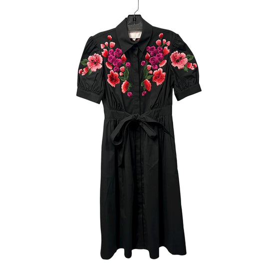 NWT Carolina Herrera Black Multi Floral Embroidered Shirt Dress w/ Tie Womens 2