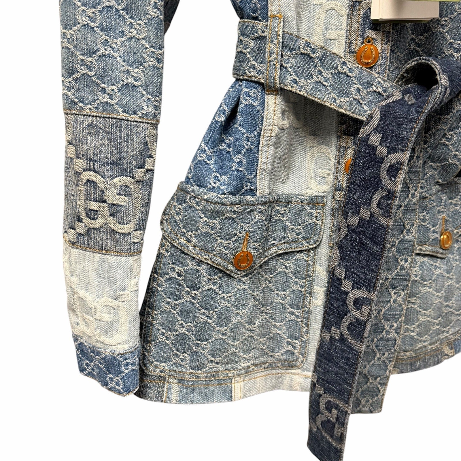 NWT Gucci Eco Washed Patchwork GG Denim Jacket Blue Womens IT 38 / US 2