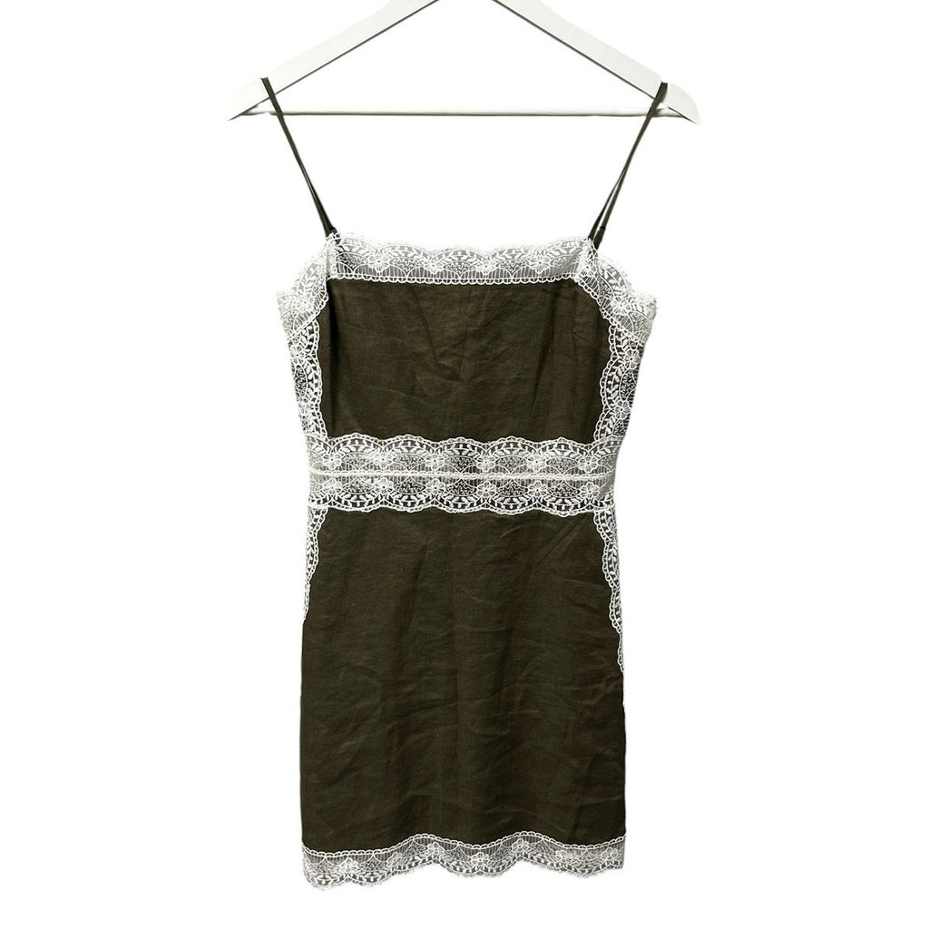 STAUD Green White Lace Trim Amalina Linen Sleeveless Mini Dress Size 2 Romantic
