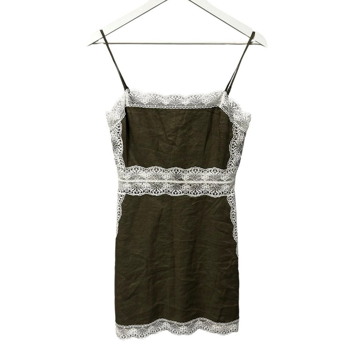 STAUD Green White Lace Trim Amalina Linen Sleeveless Mini Dress Size 2 Romantic