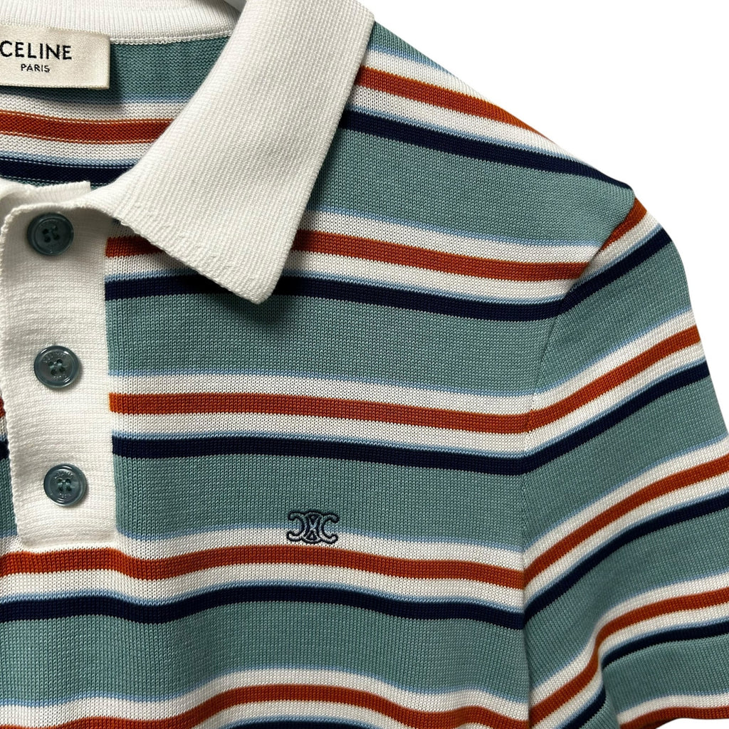 Celine Paris Sky Blue Striped Short Sleeve Cotton Polo Sweater Womens Small
