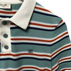 Celine Paris Sky Blue Striped Short Sleeve Cotton Polo Sweater Womens Small