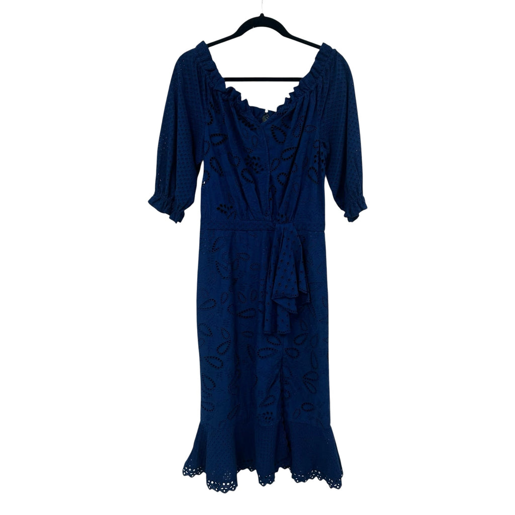 NWT Saloni Deep Blue Navy French Lace Cotton Olivia Midi Dress Womens 6