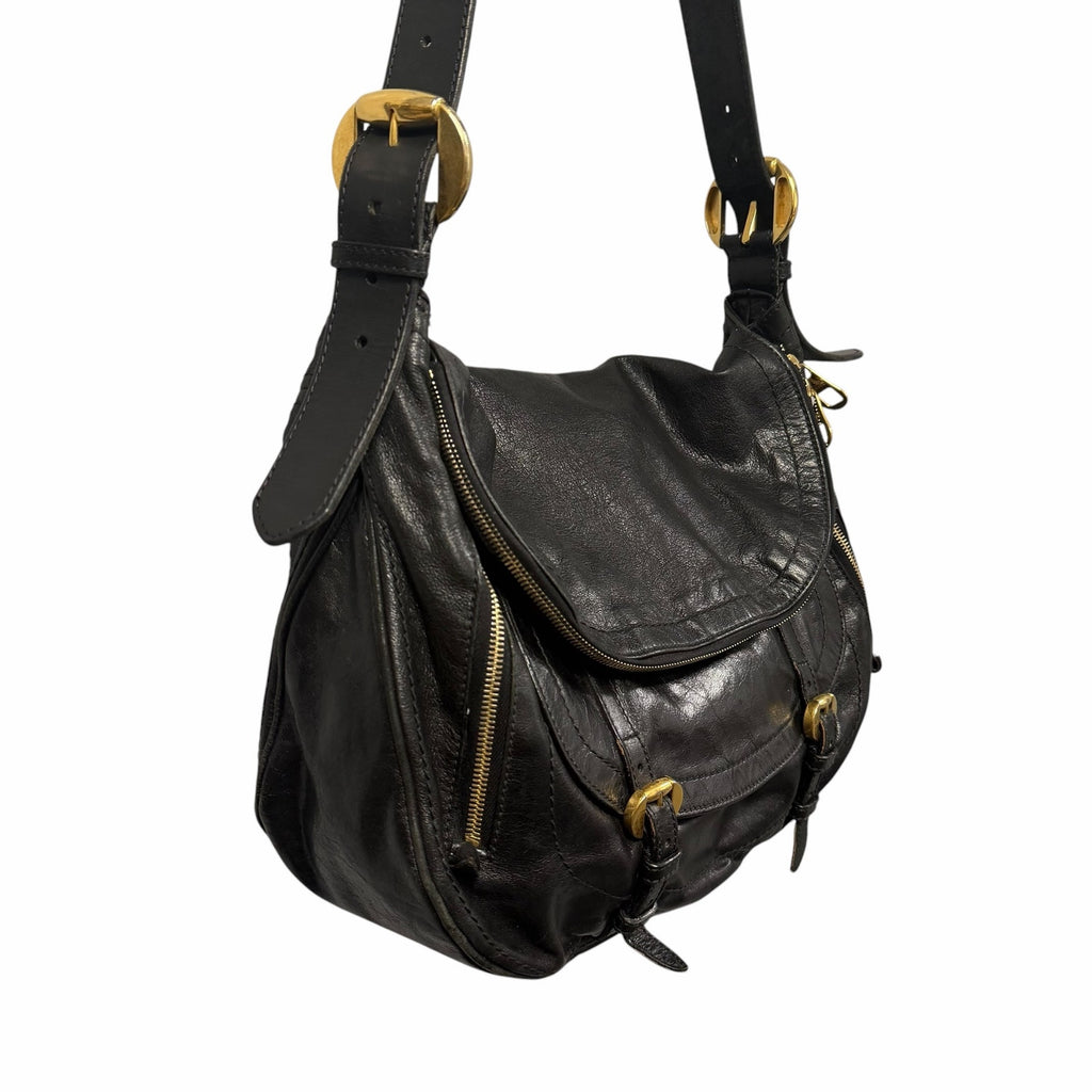 Alexander McQueen Black Leather Front Flap Messenger Handbag Gold Toned Hardware