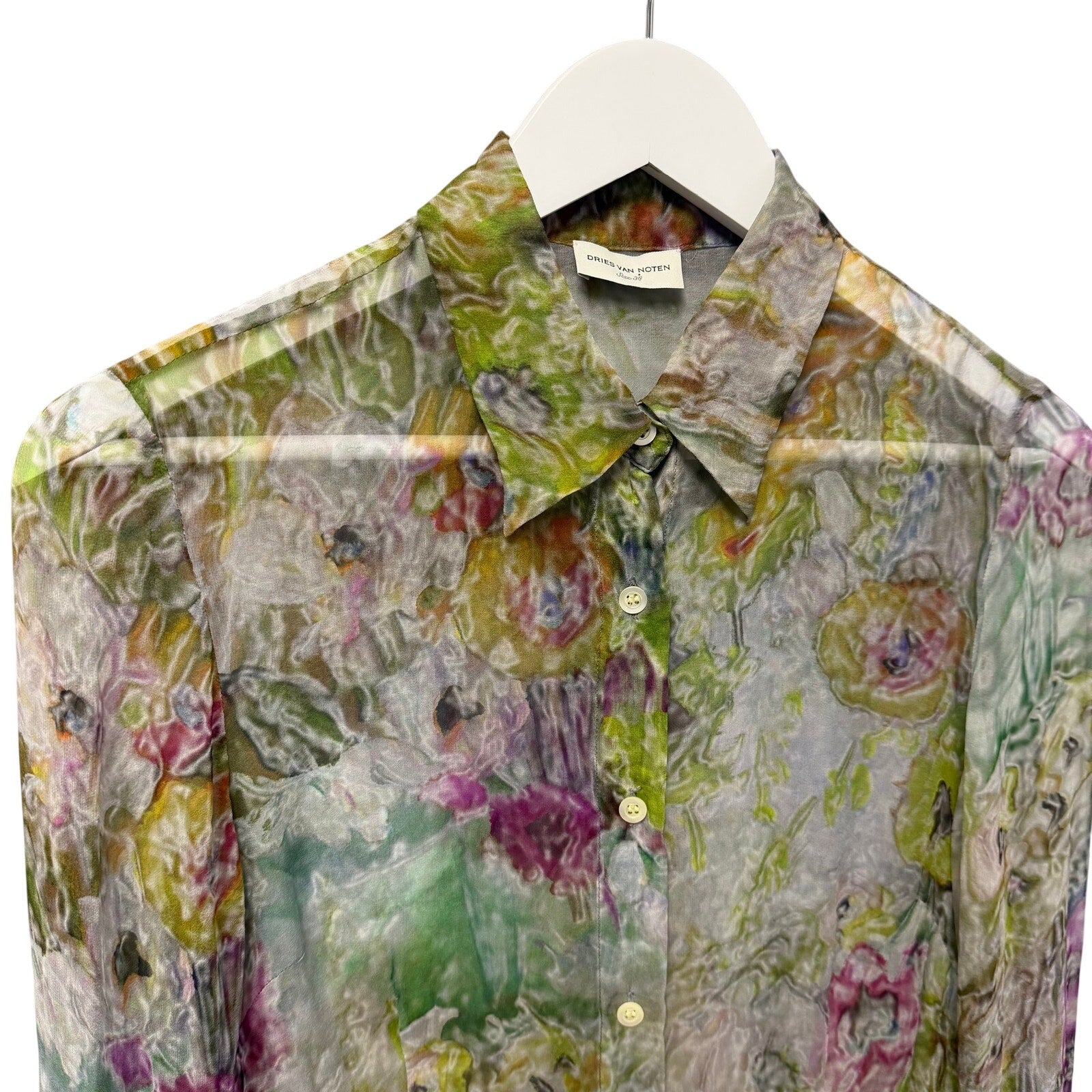 Dries Van Noten Cloudy Floral Sheer Silk Button Up Shirt Green Multi Womens US 6
