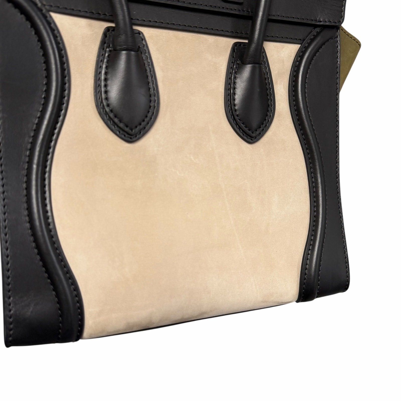 Celine Tricolor Luggage Handbag Color Block Neutrals Leather Green Black Beige