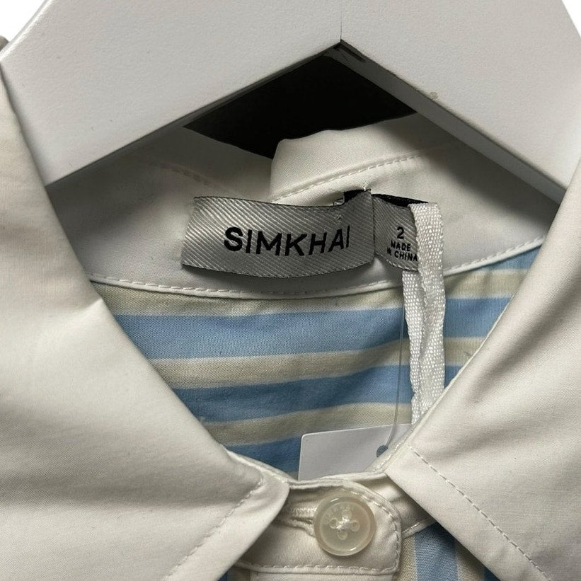 NWT Simkhai Hydrangea Blue White Stripe Belted Midi Shirt Dress Womens 2